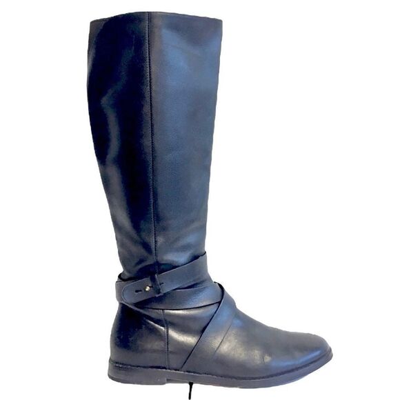 𝅺COLE HAAN Black Flat Leather Riding Boots With Ankle Strap 7 - Picture 1 of 9